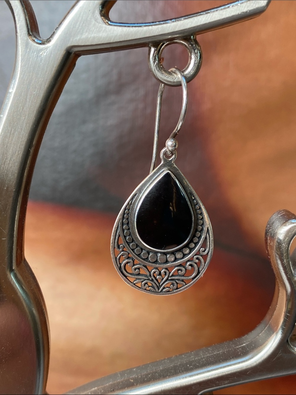 🍇 Silver Black Onyx Pear Drop Earrings 925 - Picture 3 of 9